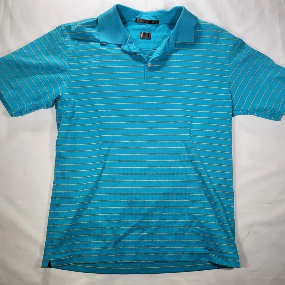 Nike Fit Dry Tiger Woods Men's Medium Blue Yellow Stripe Polo‎ golf course logo